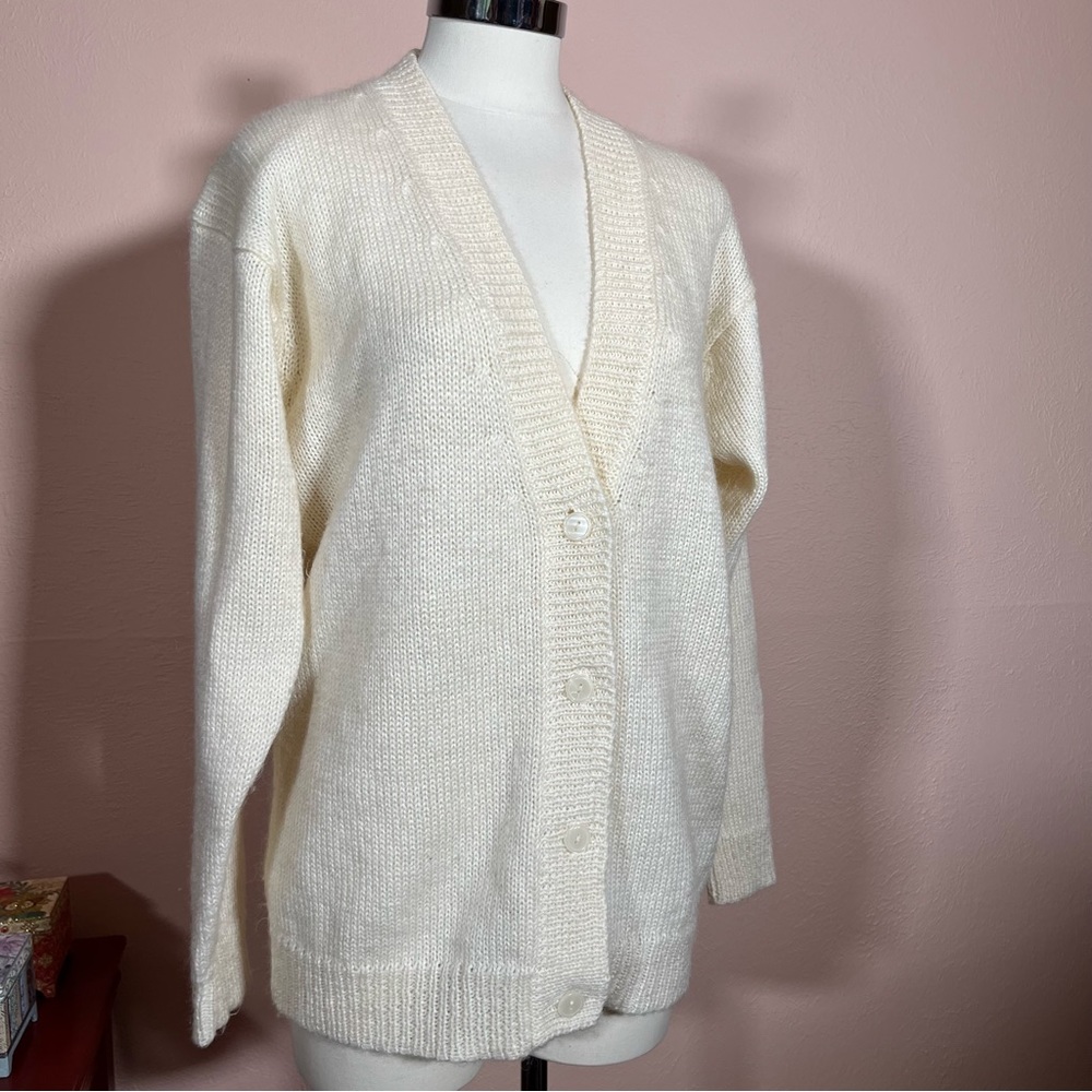 Vintage Oversized Cream White Mohair Long Cardigan Sweater medium